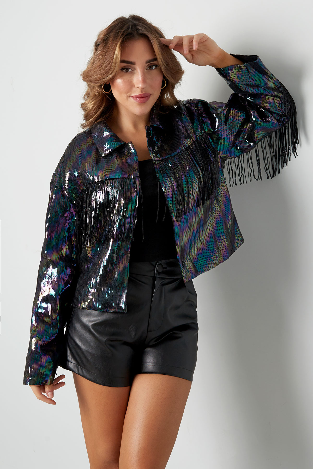Coat with sequins and fringes - black multi - L h5 Picture8